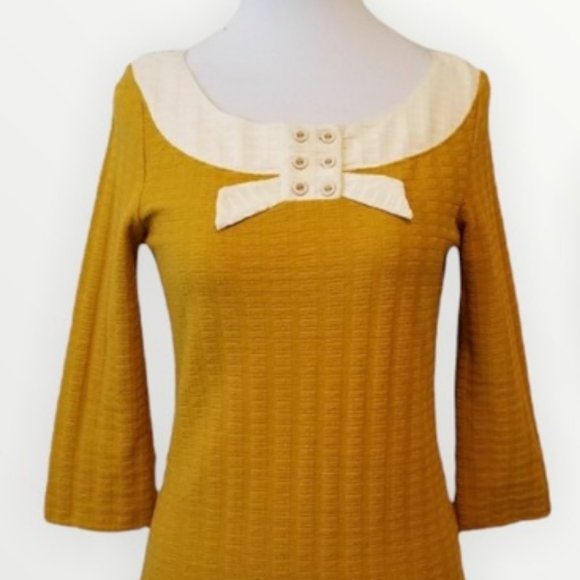 ANTHROPOLOGIE Pilcro & The Letterpress Waffle Knit Bow Mustard Top XS - Picture 1 of 12